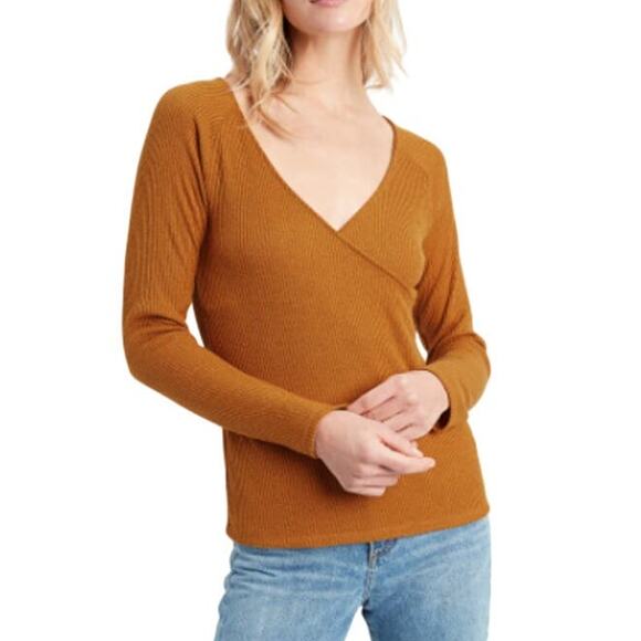 Banana Republic Warm Gold Ribbed Raglan Wrap Top in Nutmeg Spice Size XL - Picture 1 of 8